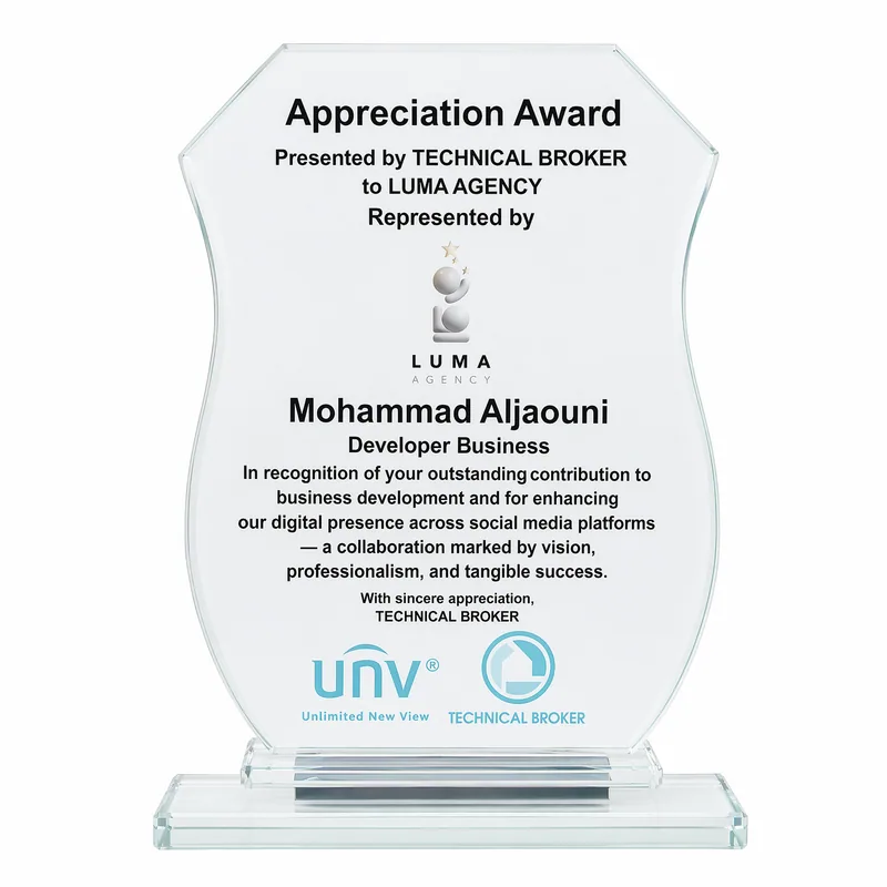Crystal appreciation award presented by Technical Broker to LUMA Agency for contribution to business development and digital presence.